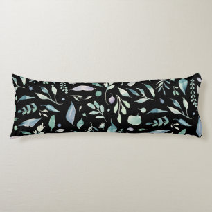 Traditional Botanical Leaf Pattern Blues on Black Body Pillow