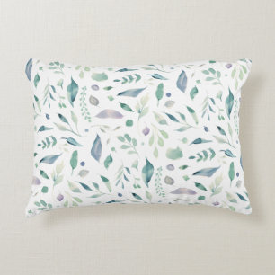 Traditional Botanical Leaf Pattern Blues on White Accent Pillow