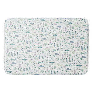 Traditional Botanical Leaf Pattern Blues on White Bath Mat