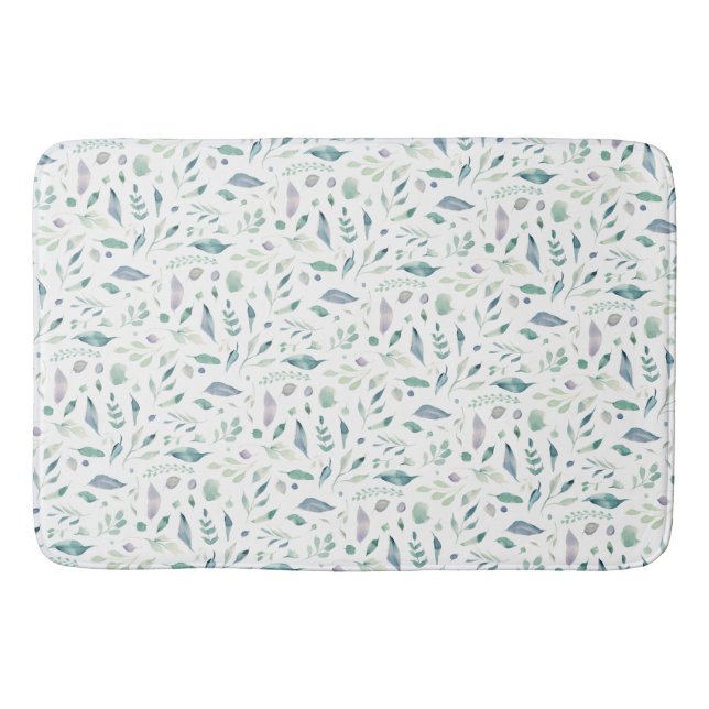 Traditional Botanical Leaf Pattern Blues on White Bath Mat (Front)