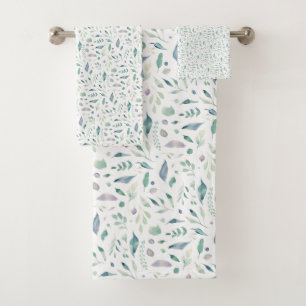 Traditional Botanical Leaf Pattern Blues on White Bath Towel Set