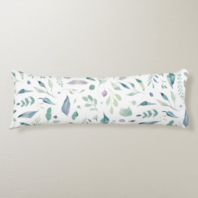 Traditional Botanical Leaf Pattern Blues on White Body Pillow (Front)