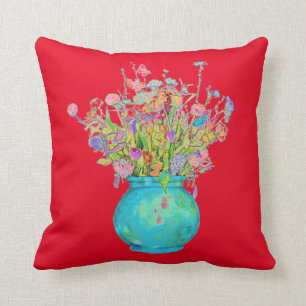 Traditional Bouquet Turquoise  Vase on Red Throw Pillow