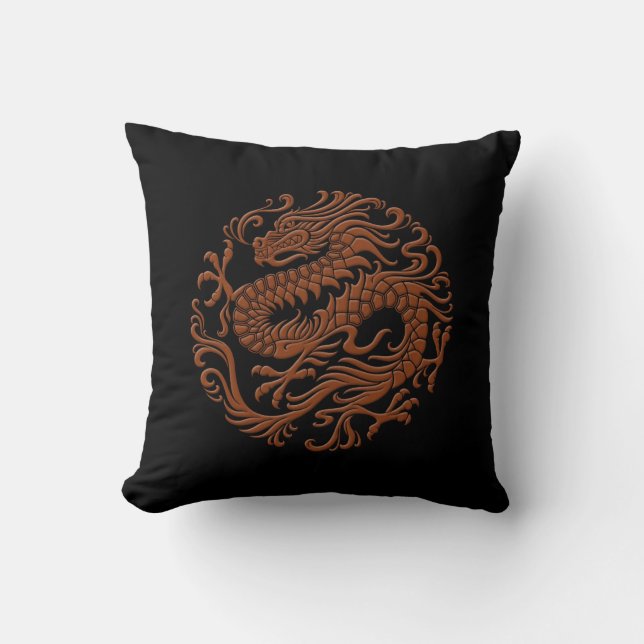 Traditional Brown and Black Chinese Dragon Circle Throw Pillow (Front)