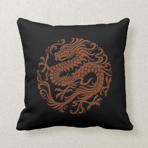 Traditional Brown and Black Chinese Dragon Circle Throw Pillow