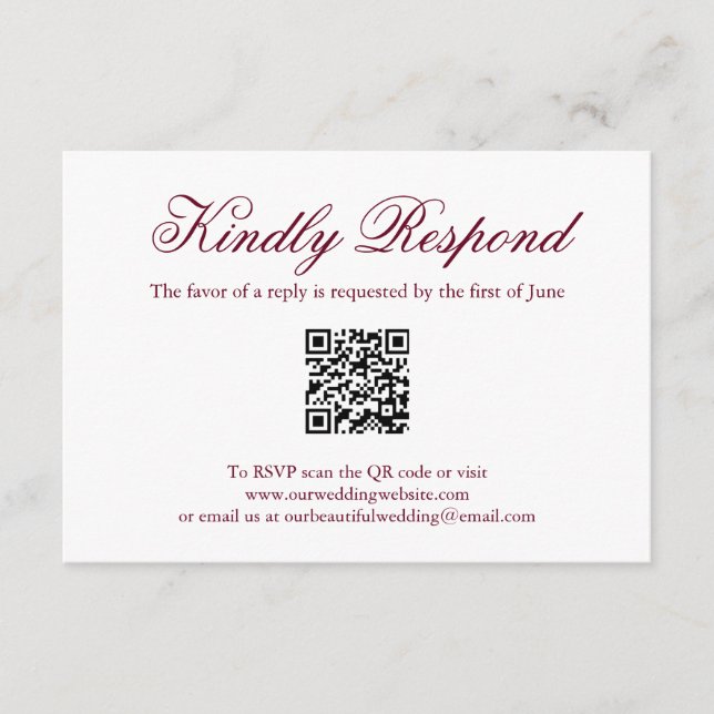 Traditional Burgundy Formal QR Code Wedding RSVP Card (Front)