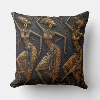 Traditional Carved African Dancers -Ancient Tribal Throw Pillow
