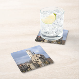 Traditional Castle on Cliff on Cloudy Day Square Paper Coaster