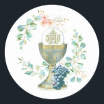 Traditional Catholic First Holy Communion  Classic Classic Round Sticker<br><div class="desc">Beautiful First Holy Communion traditional Catholic Gold Chalice with Eucharist and eucalyptus.</div>