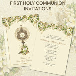 Traditional Catholic Holy Communion Floral Invitation<br><div class="desc">Celebrating the Sacrament of First Holy Communion is a wondrous occasion. This traditional Catholic custom-designed vintage First Holy Communion Invitation with a gold Monstrance and the Holy Eucharist with white and gold floral accents is sure to express the beauty and solemnity of this special day. All text and fonts can...</div>