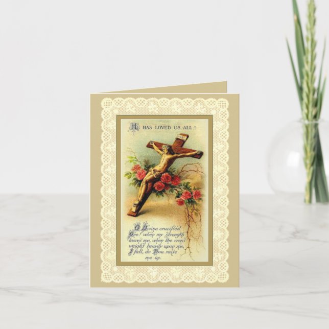 Traditional Catholic Lenten Crucifix Floral Prayer Holiday Card (Front)