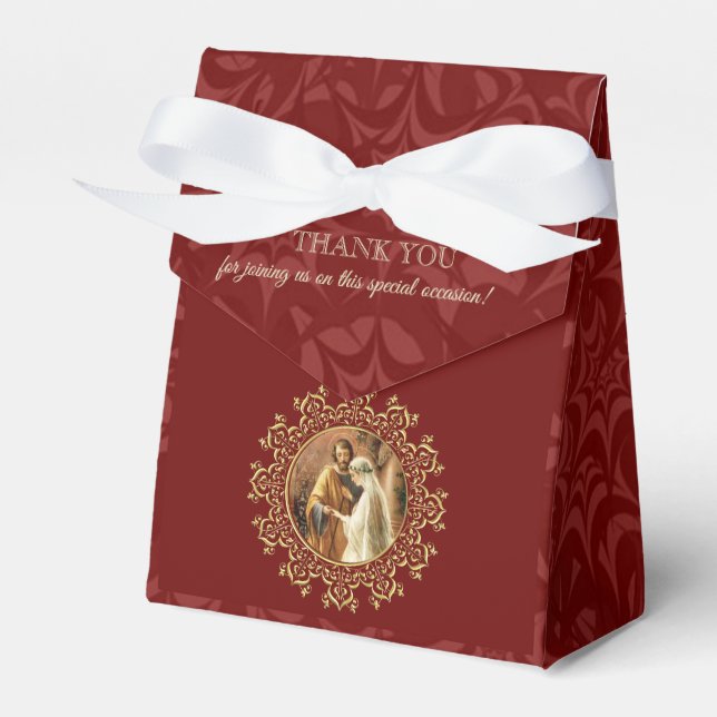 Traditional Catholic Mary St. Joseph Damask Maroon Favor Box (Front Side)