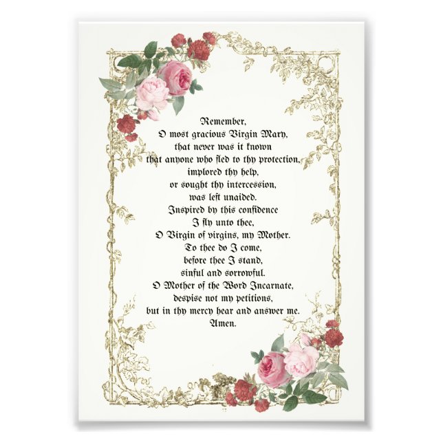 Traditional Catholic Memorare Roses Prayer Photo Print (Front)