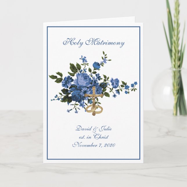 Traditional Catholic Religious Blue Roses Wedding Invitation (Front)