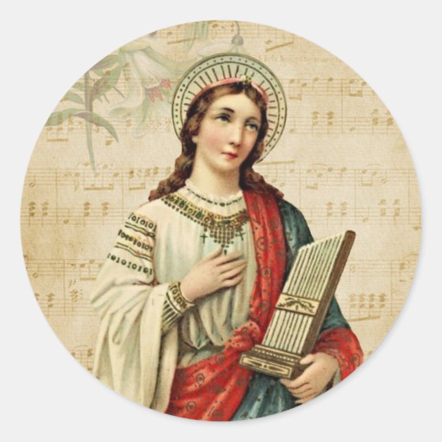 Traditional Catholic St. Cecilia Musicians Classic Round Sticker (Front)