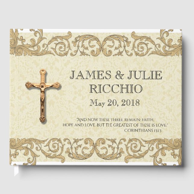 Traditional Catholic Wedding Gold Crucifix Lace Guest Book (Front)