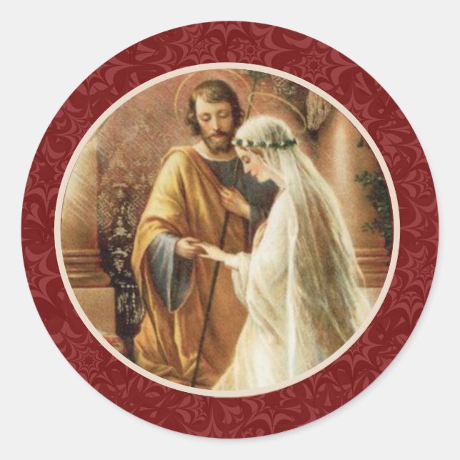 Traditional Catholic Wedding Maroon Damask Classic Round Sticker (Front)