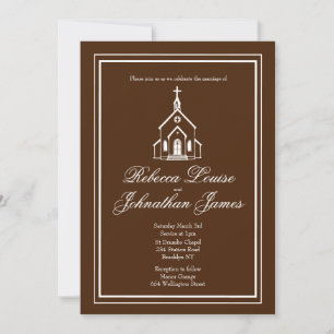 Traditional Chapel Dark Brown White Church Wedding Invitation