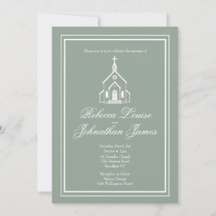 Traditional Chapel Sage Green White Church Wedding Invitation