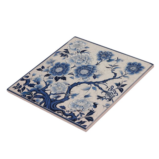 Traditional China Blue Ink Flower Art 2 Tile (Side)