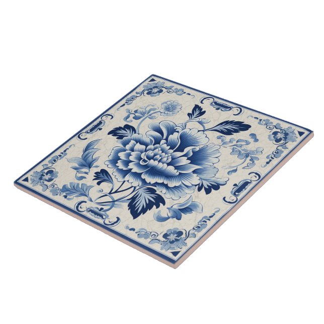 Traditional China Blue Ink Flower Art 4 Tile (Side)