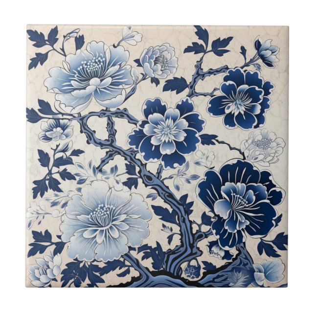 Traditional China Blue Ink Flower Art Tile (Front)