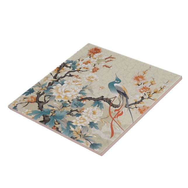 Traditional China Orange Ink Bird And Flower Tile (Side)