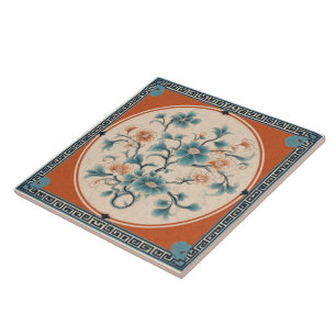 Traditional China Orange Ink Flower Art 5 Tile