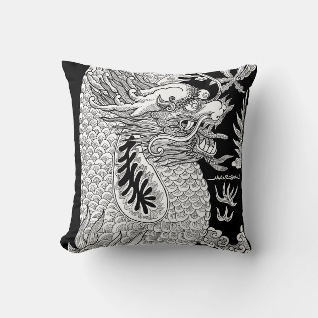 Traditional Chinese Dragon Black and White Sketch Throw Pillow (Front)