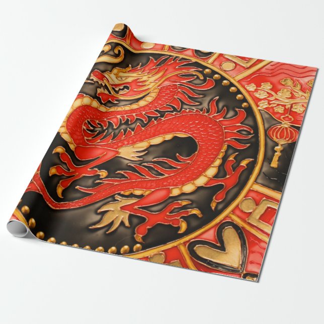 Traditional Chinese Dragon Red Gold Decoupage Wrapping Paper (Unrolled)