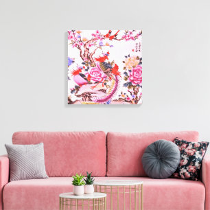 Traditional Chinese Floral Birds Pink Chinoiserie Canvas Print
