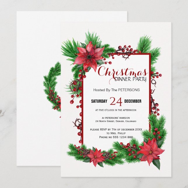 Traditional Christmas dinner party red poinsettia Invitation (Front/Back)