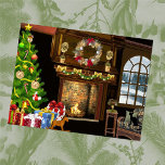 TRADITIONAL CHRISTMAS Fireplace Postcard<br><div class="desc">traditional christmas time scene,  a fireplace and cozy home setting</div>