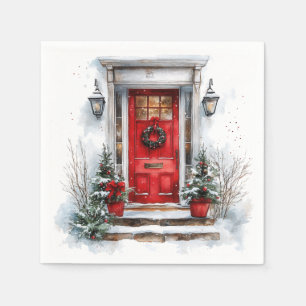 Traditional Christmas Holiday Welcome Red Door Napkin