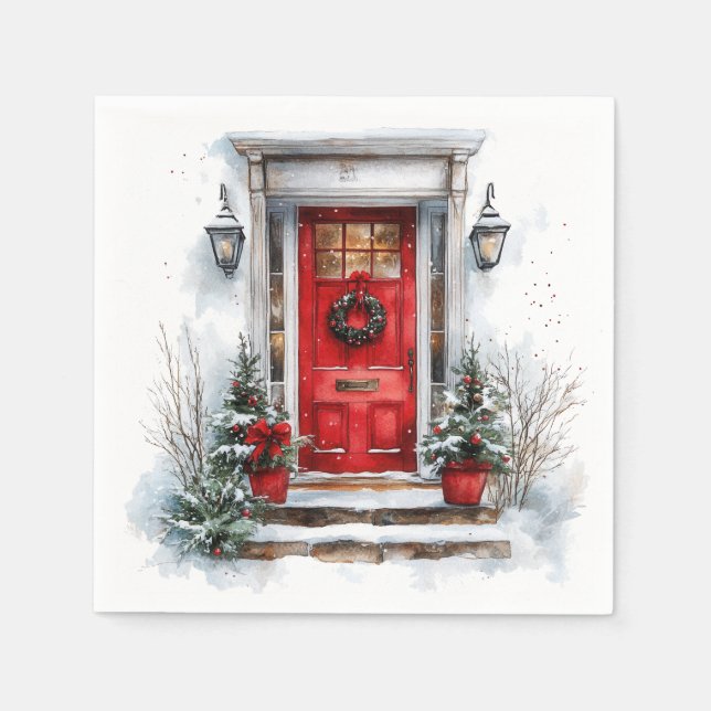 Traditional Christmas Holiday Welcome Red Door Napkin (Front)