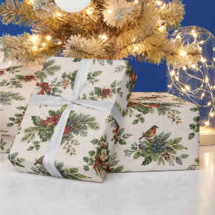 Traditional Christmas Holly and Winter Fruit Wrapping Paper