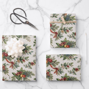 Traditional Christmas Holly and Winter Fruit Wrapping Paper Sheet