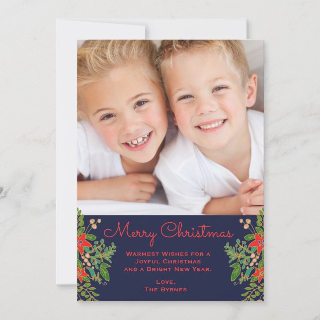 Traditional Christmas One Photo Navy Card (Front)