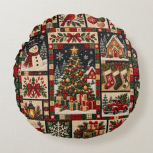 Traditional Christmas Patchwork Quilt Holiday Scen Round Pillow
