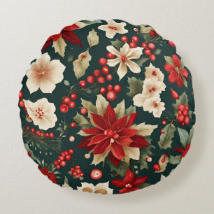 Traditional Christmas Pattern with Flowers Round Pillow