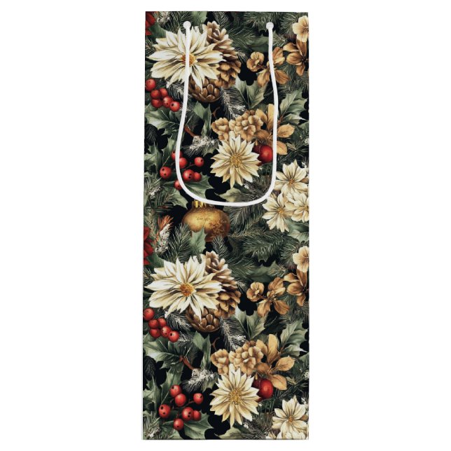 Traditional Christmas Pine Floral Holiday  Wine Gift Bag (Front)