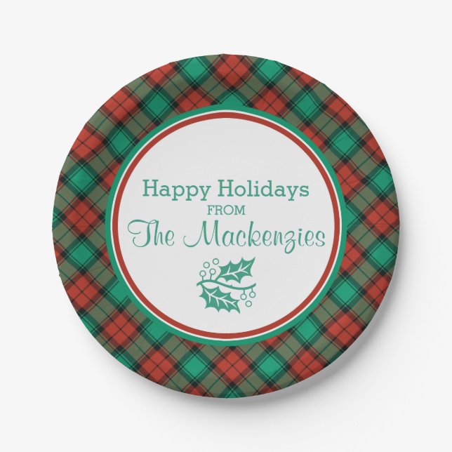 Traditional Christmas Plaid Pattern Personalized Paper Plate (Front)