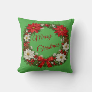 Traditional Christmas Poinsettia Floral Wreath Throw Pillow
