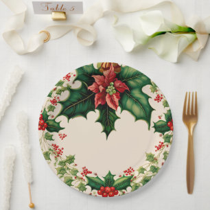 Traditional Christmas Poinsettia Holly  Paper Plate
