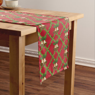 Traditional Christmas red and green jingle bells Short Table Runner