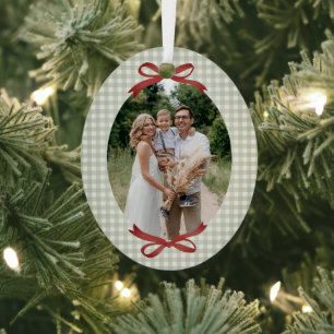 Traditional Christmas Red Bow Gingham Oval Photo Metal Ornament