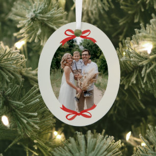Traditional Christmas Red Bow Oval Photo Metal Ornament