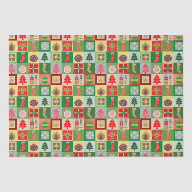 Traditional Christmas Red Green Quilting Pattern Tissue Paper (Front)