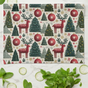 Traditional Christmas Reindeer Tree Pattern Kitchen Towel