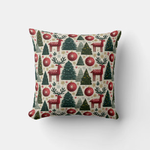 Traditional Christmas Reindeer Tree Pattern Throw Pillow